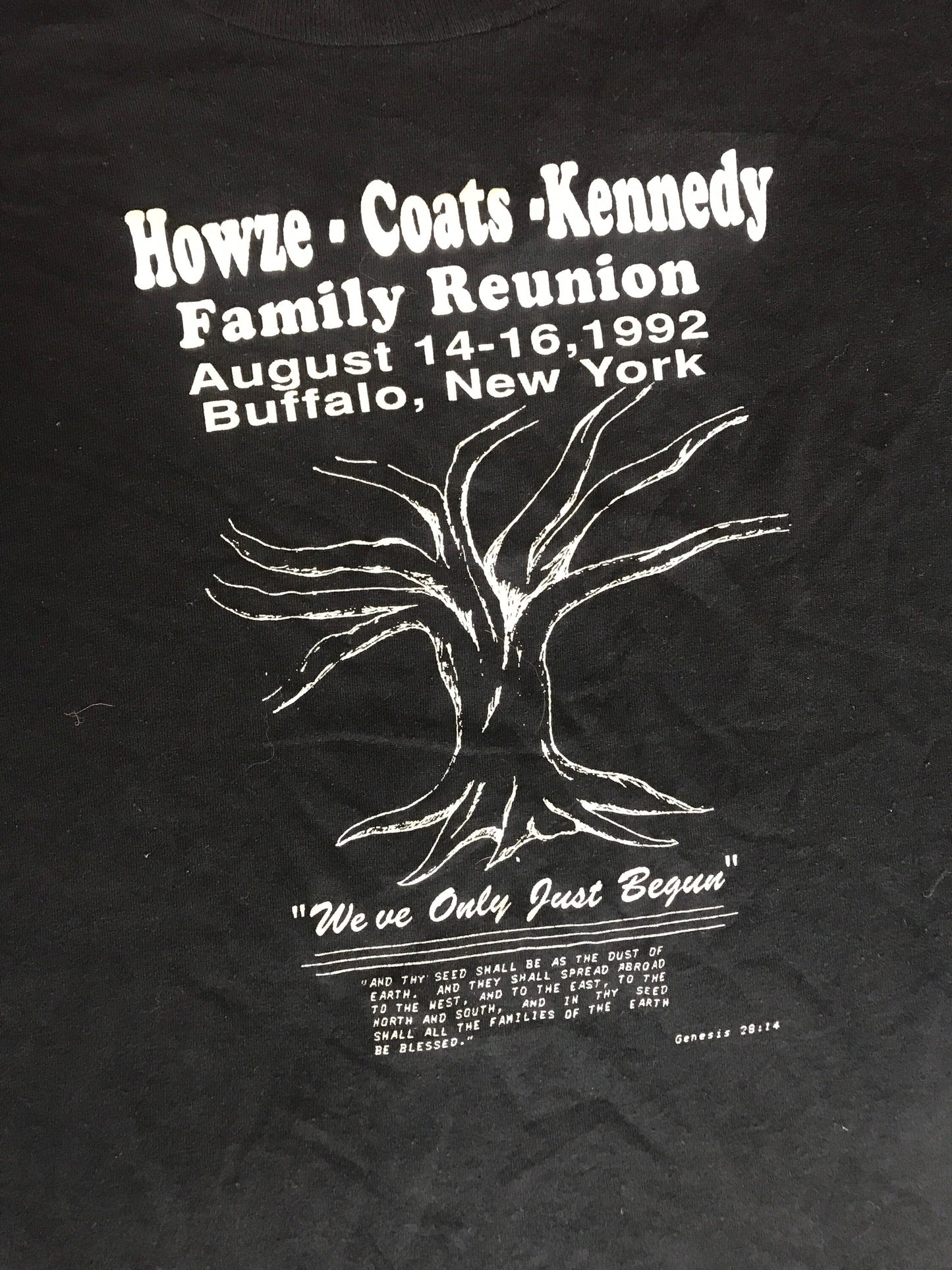 Vintage 90s Quirky Howze Coats Kennedy Family reunion tree black buffalo New York USA souvenir t-shirt size XL