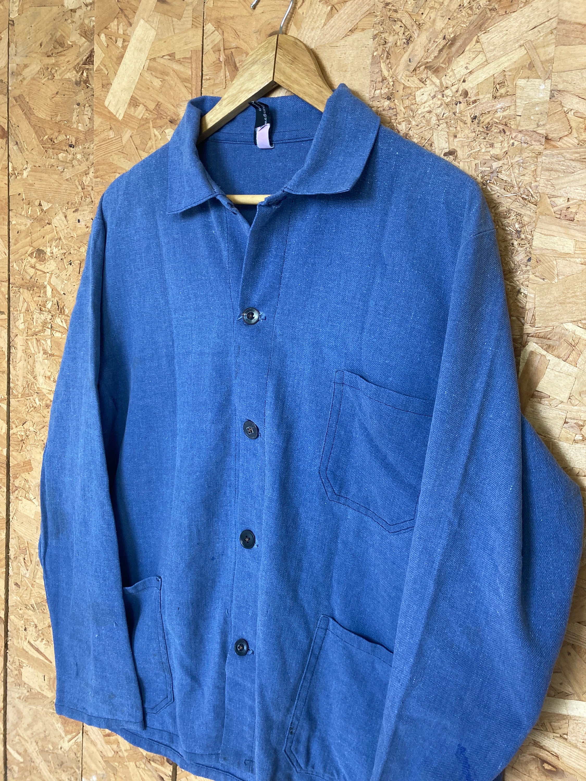 Vintage 80s faded cornflower blue brushed cotton button up chore workers jacket size medium