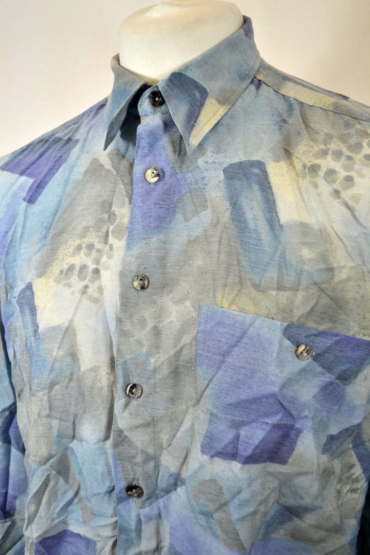 Vintage 90s blue pastel abstract pattern long sleeve grungy eccentric shirt size large