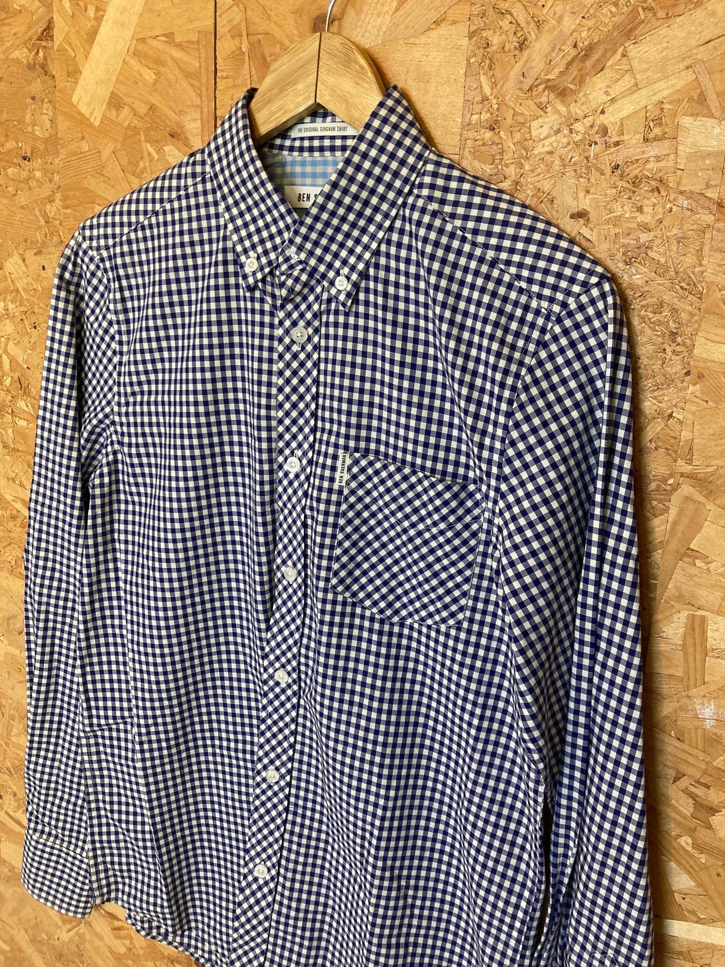 Vintage Ben Sherman navy blue gingham check long sleeve Mod skinhead retro punk shirt size small