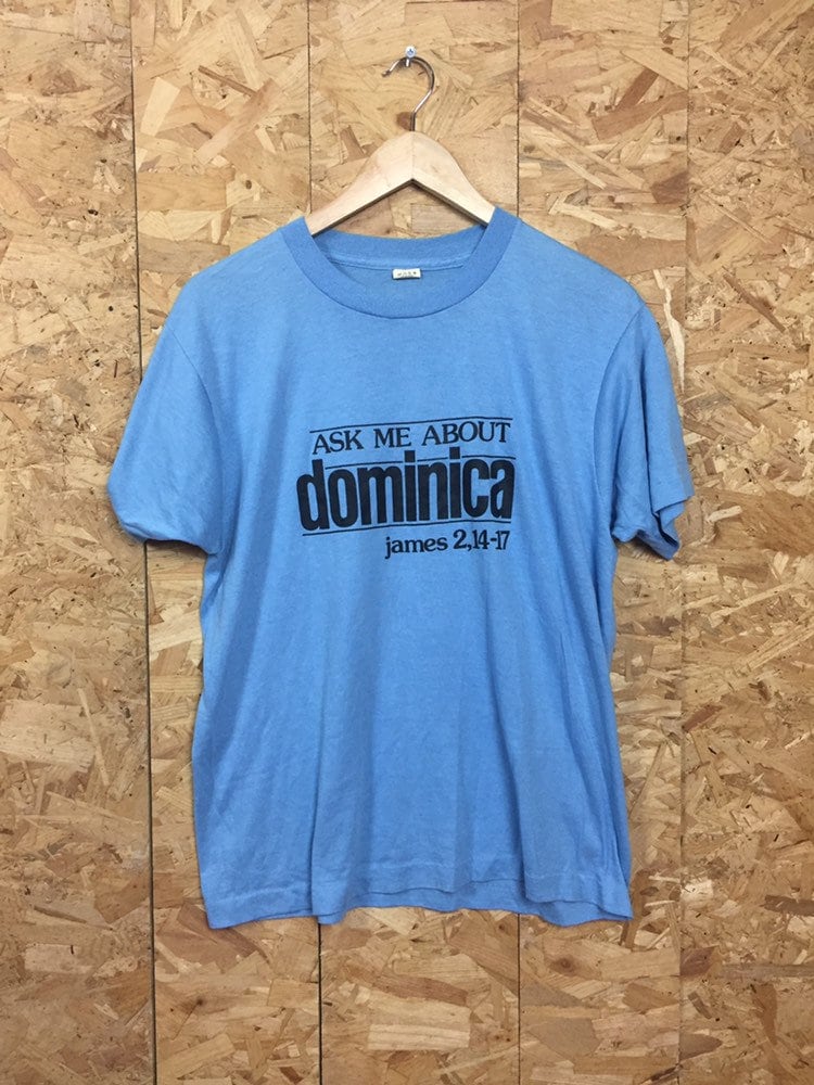 Vintage 80s funny religious quote James 2: 14-17 ask me about Dominica light blue t-shirt size large