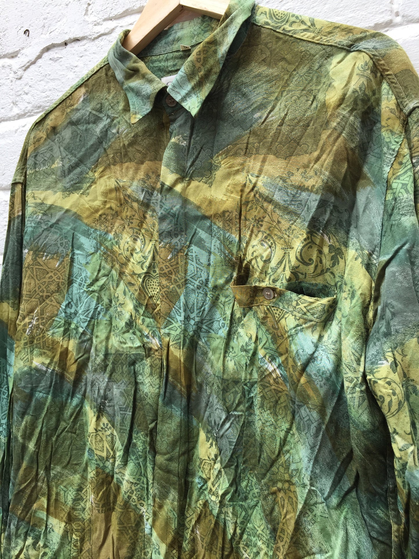 Vintage 90s grungy green blue abstract long sleeve ugly shirt size XL