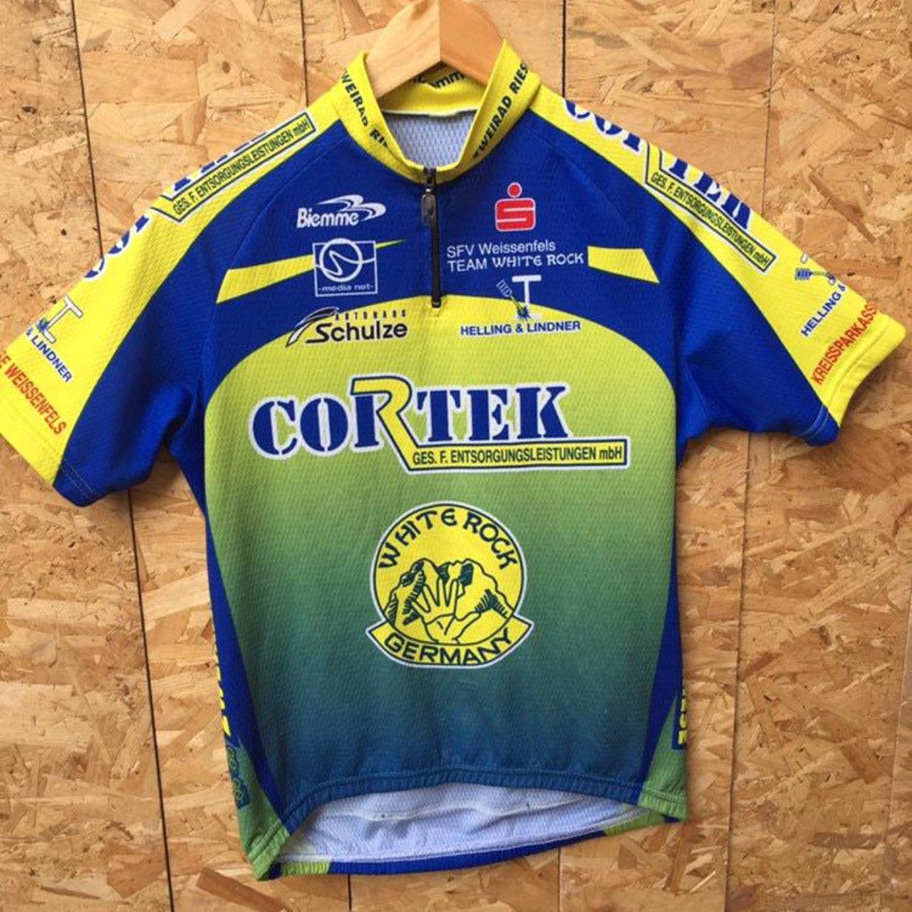 Vintage 90s Team White Rock Germany Cortex souvenir retro Tour de France style cycle jersey blue yellow size small