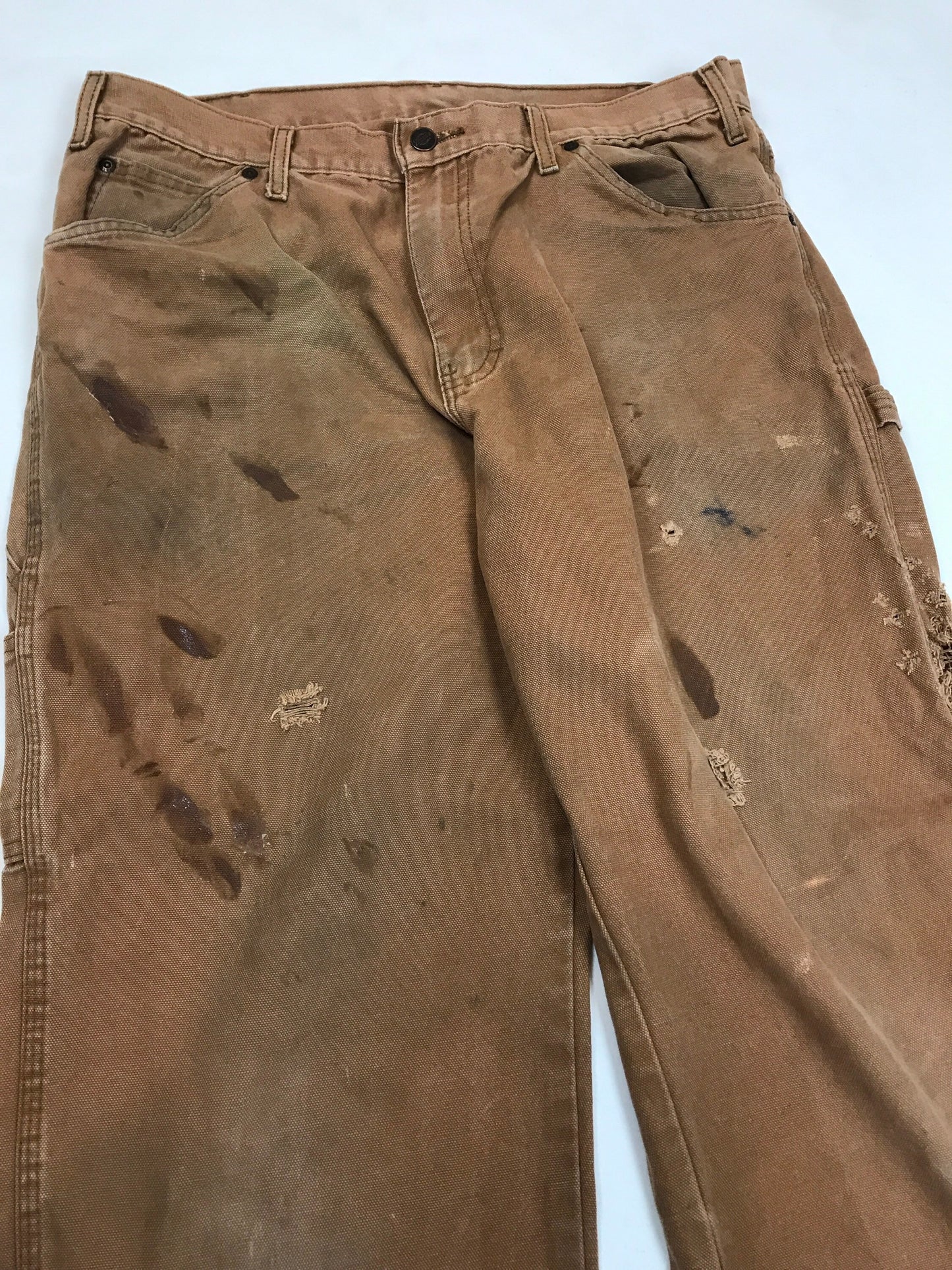 Vintage 90s W36 L33 distressed worn tan beige Dickies heavy cotton canvas duck weave workwear carpenter pants trousers W36 L33