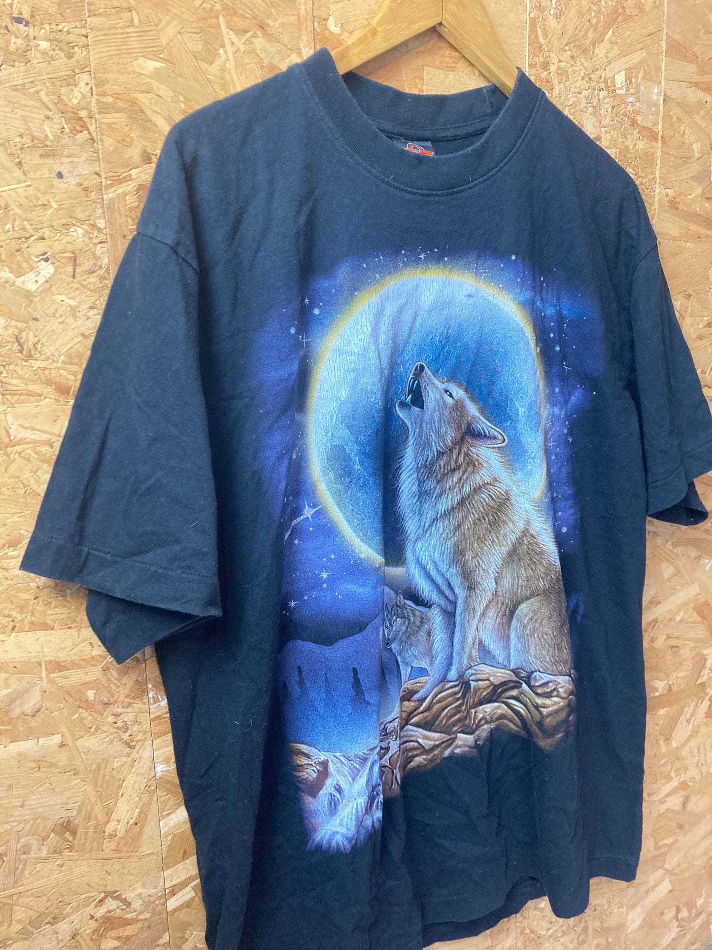 Vintage 00s mystical Native American wolf moonlight double side print t shirt size XL black