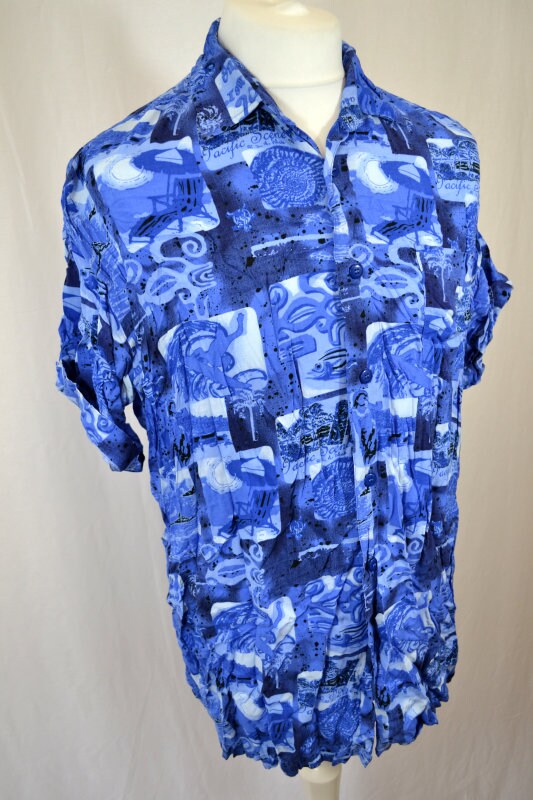 Vintage 90s blue abstract pattern hawaiian style party beach festivals shirt size XL