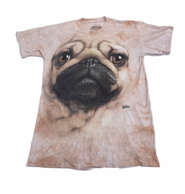 Vintage grungy beige pink nature animal scene pug face dog tie dye t-shirt by The Mountain size medium