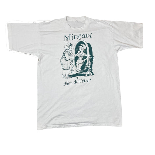 Vintage 90s Mincavi Et Fier De L’être by Lynn Martineau souvenir folk literary white t-shirt size XL