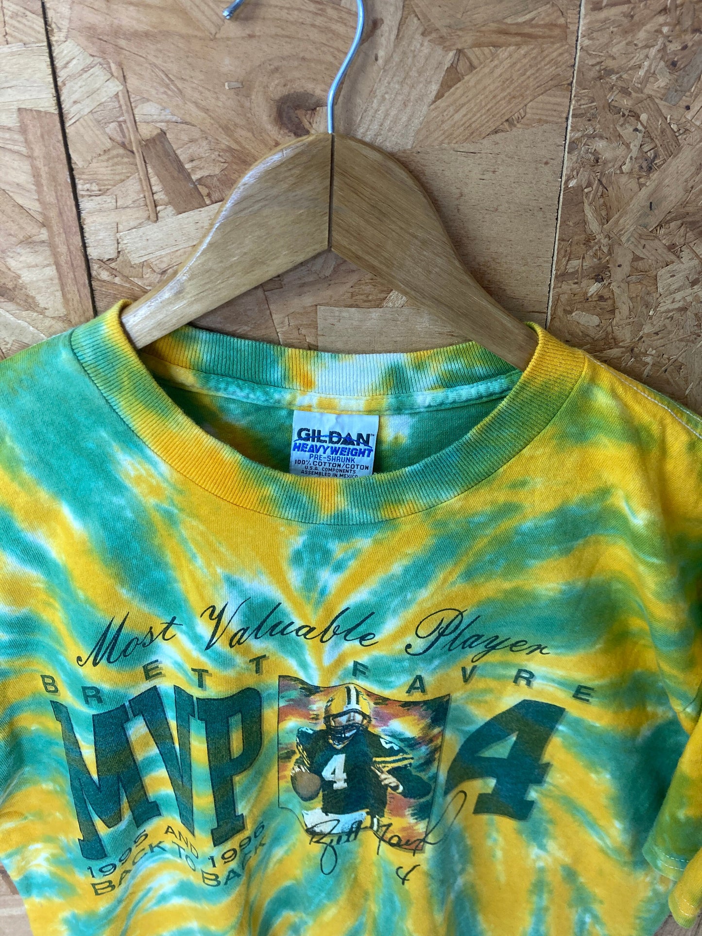 Vintage 90s Brett Favre Green Bay Packers MVP 96&#39; green yellow tie dye souvenir festival t-shirt size medium