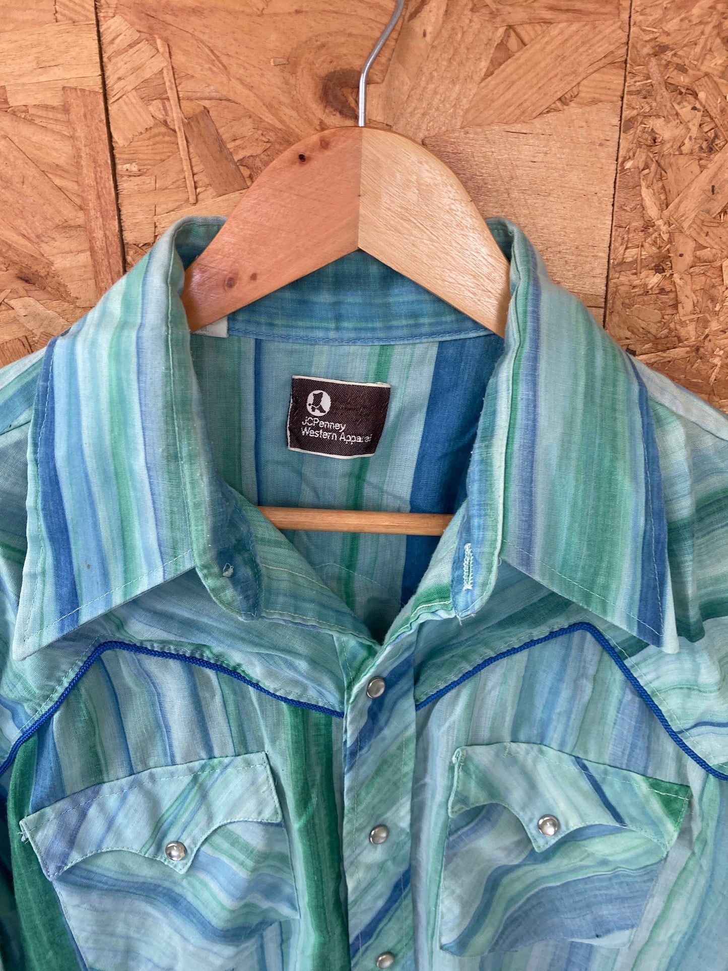 Vintage 80s JC penny blue green striped piping western cowboy shirt size 17” large