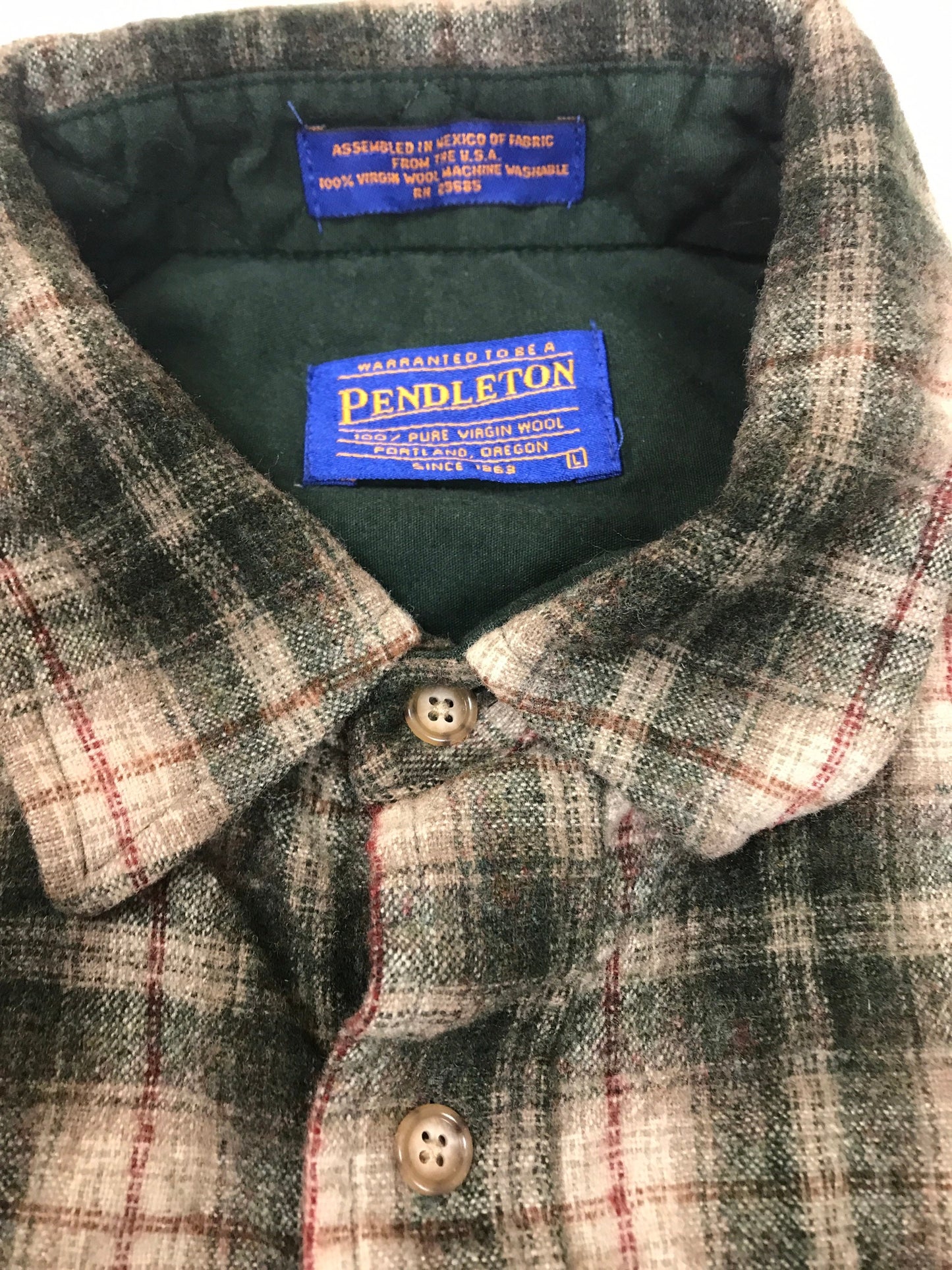 80s vintage Pendleton USA  green brown beige check wool western shirt size large