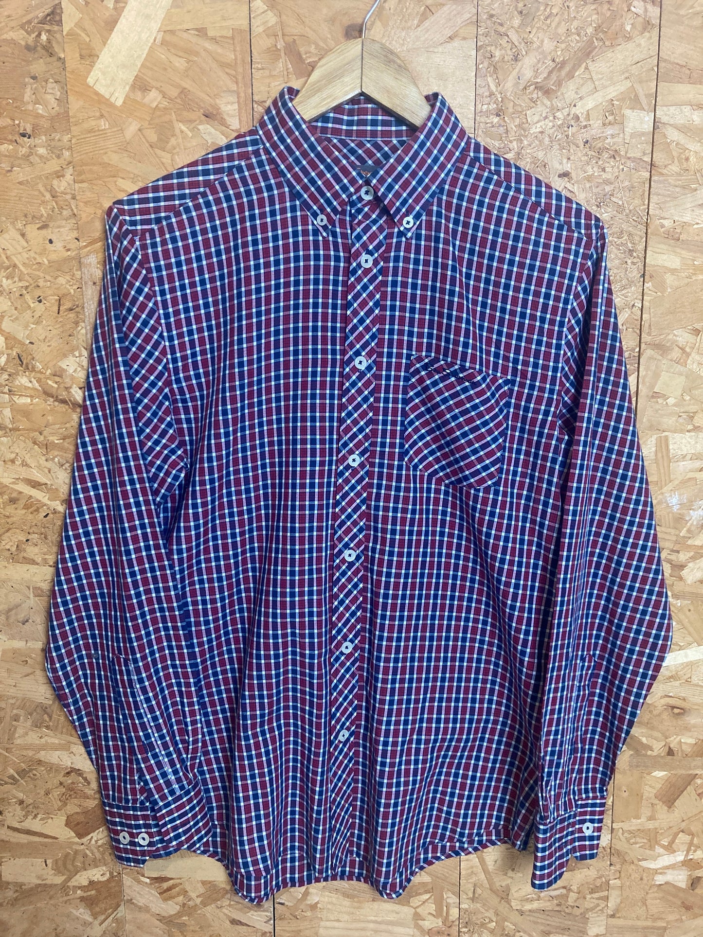 Vintage Ben Sherman dark red navy gingham fine tablecloth check long sleeve Mod skinhead retro punk small