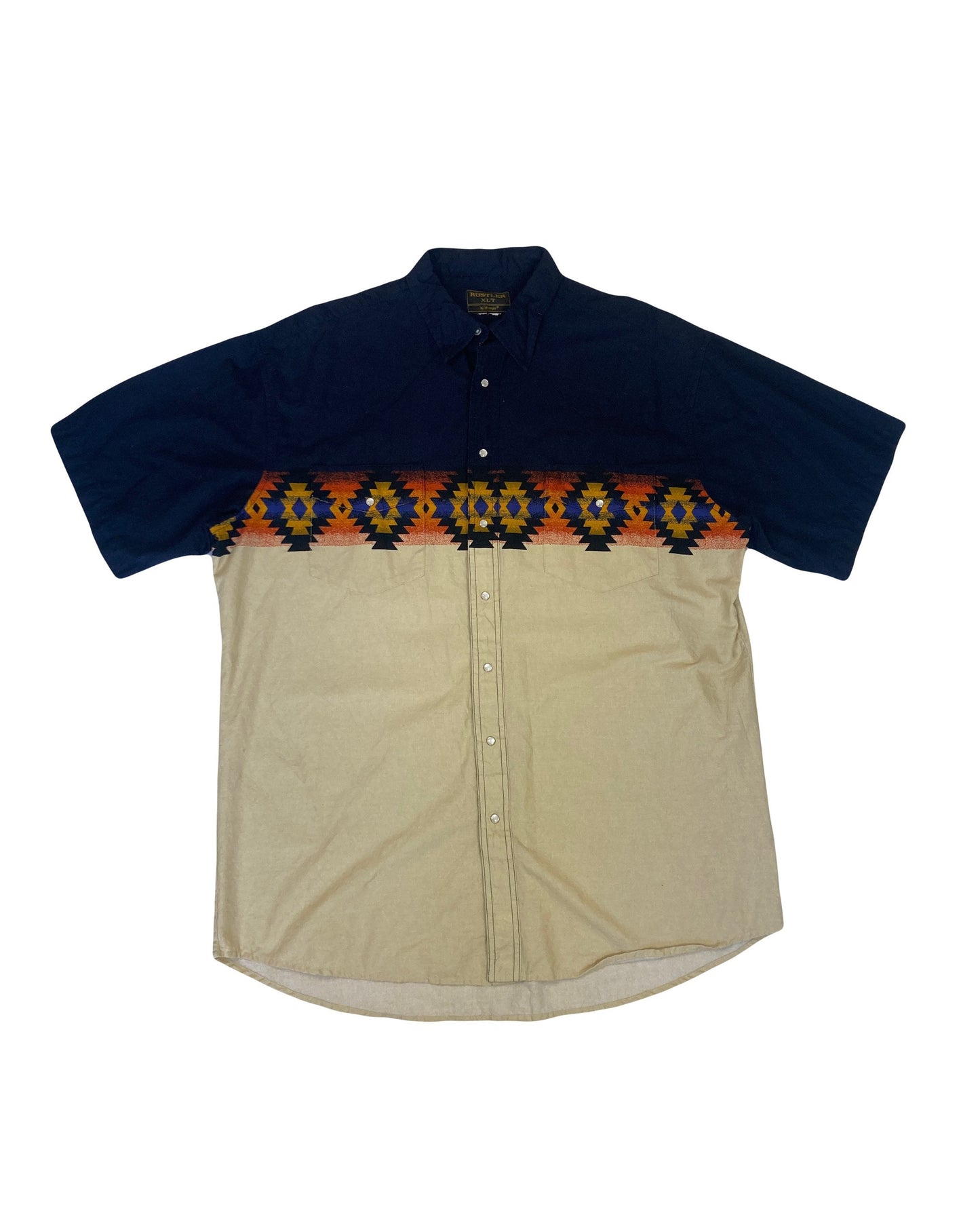 Vintage 00s Rustler by Wrangler Aztec Navajo diamond pattern navy blue beige orange short sleeve cotton shirt size XL