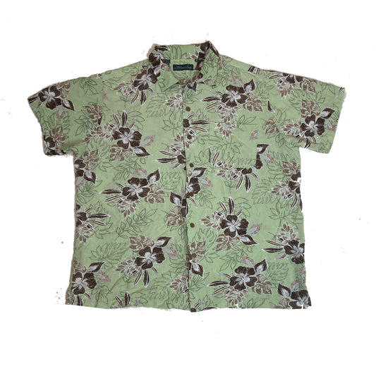 Vintage 90s green brown floral pattern Hawaiian short sleeve ugly party shirt size large