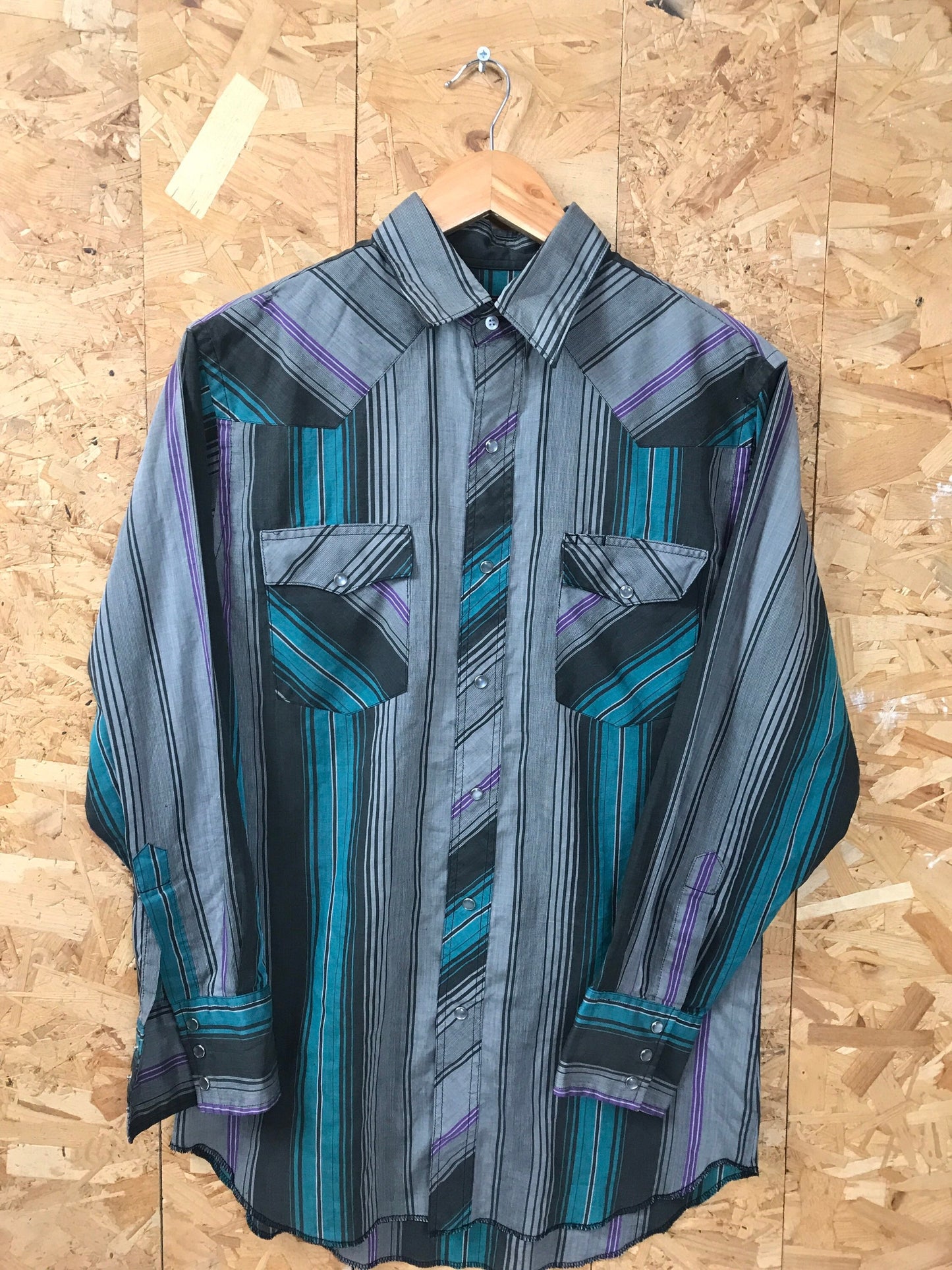 Vintage Rustler Western Cowboy Dress Shirt Grey green purple striped twin pocket size large long tail size large