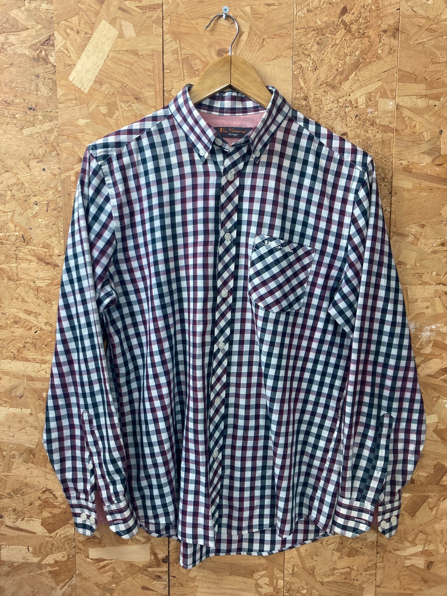 Vintage Ben Sherman burgundy black tablecloth check long sleeve Mod skinhead retro punk shirt size small