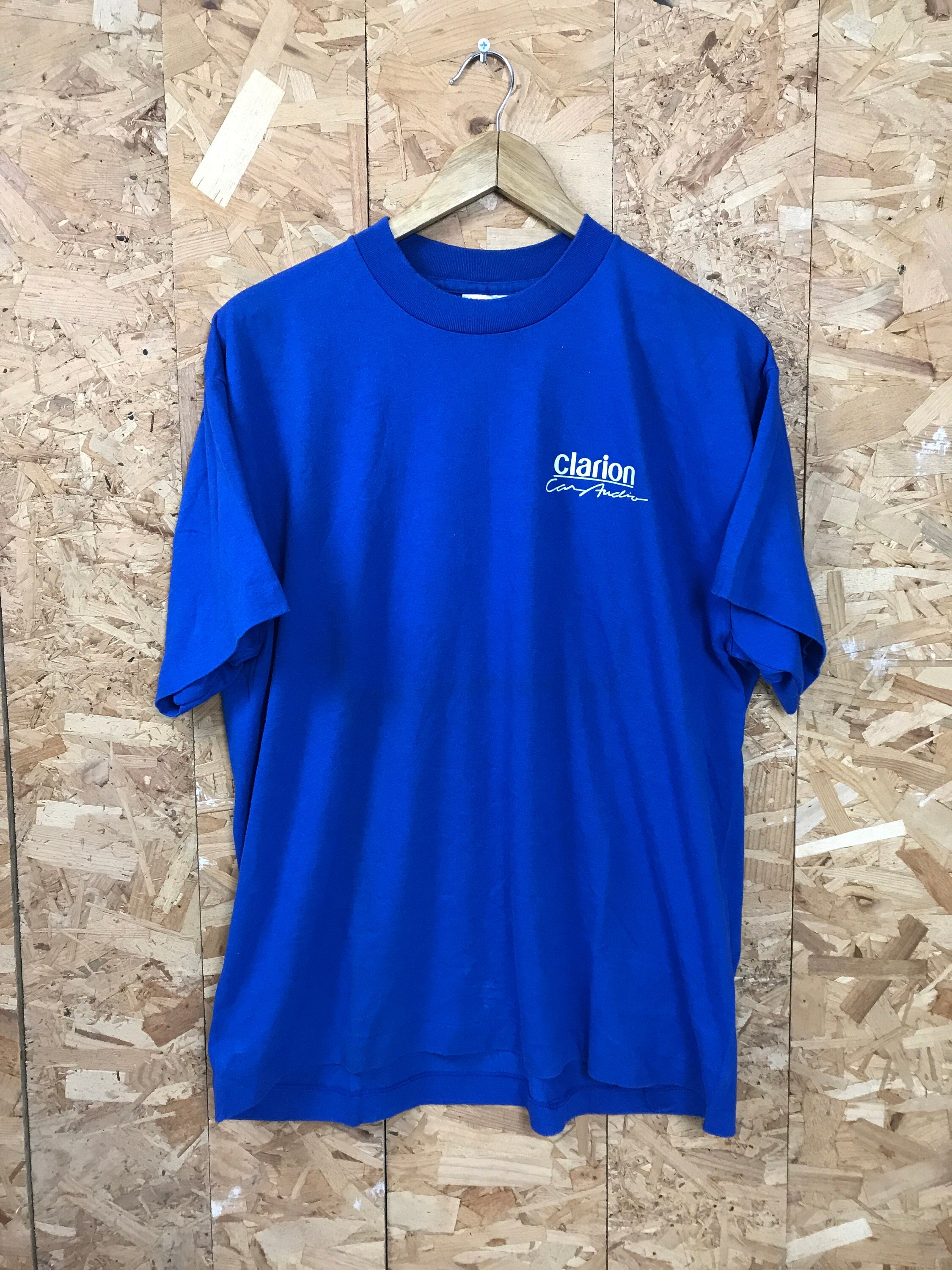 Vintage 90s Clarion Car Audio USA souvenir workers promotional blue quirky t-shirt size XL