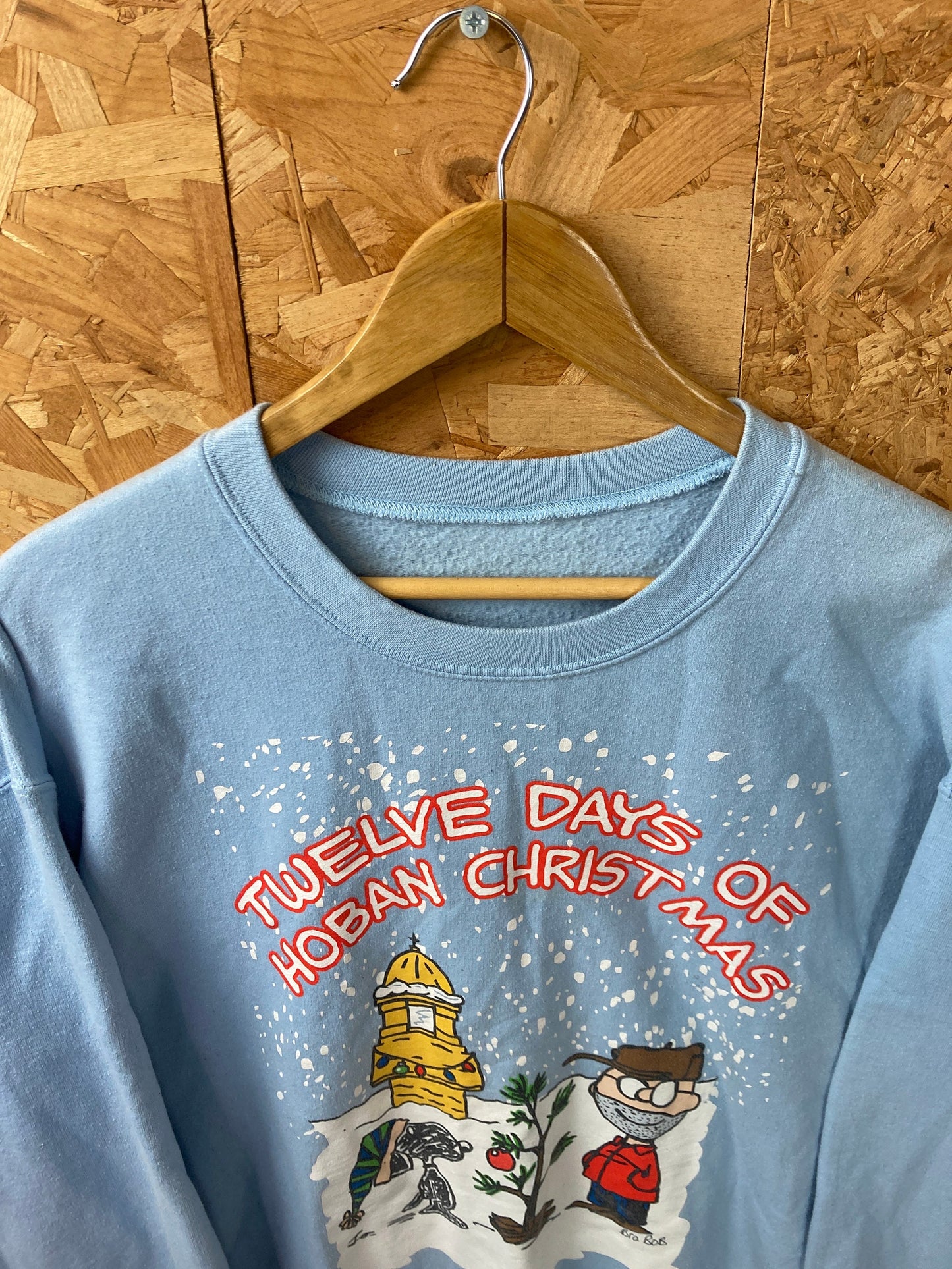 Vintage 90s 12 days of Hoban Christmas quirky USA pastel blue crew neck Xmas sweater oversized XL