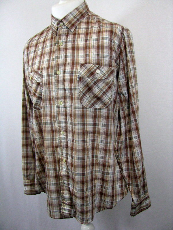 Vintage 80s Levis beige brown green light cotton check plaid shirt size XL