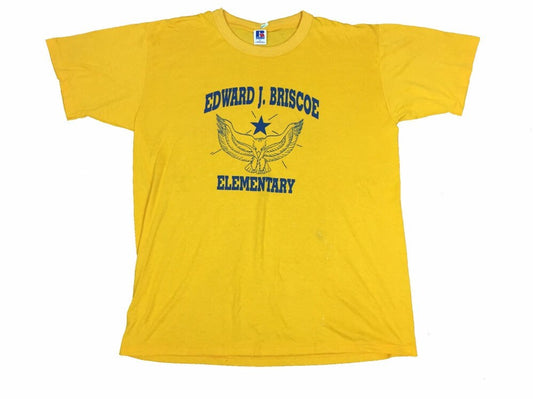 Vintage USA Edward J.Briscoe Elementary school quirky USA yellow t-shirt size large by Russell Athle