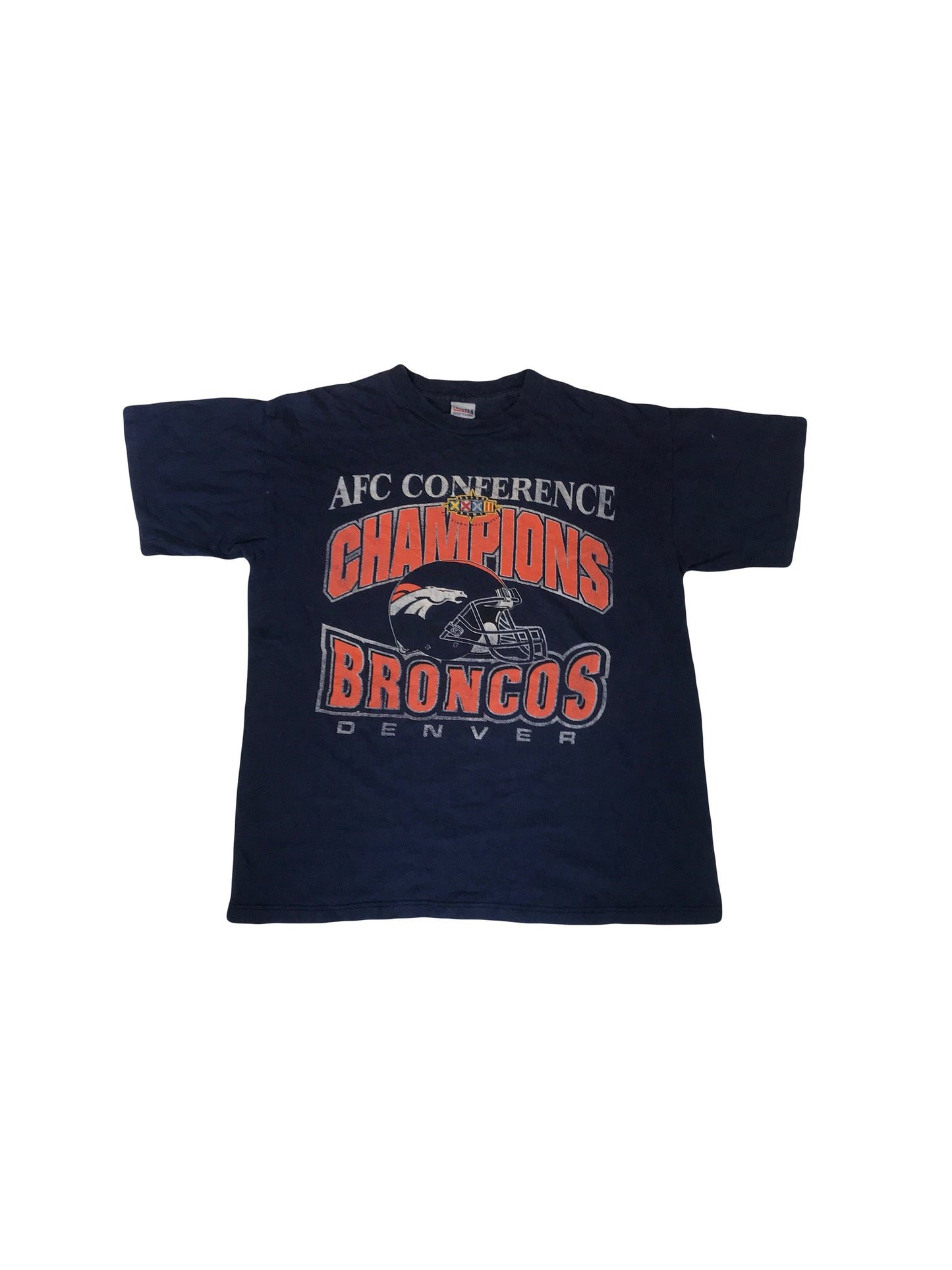 Vintage 90s superbowl XXXII Denver Broncos AFC champions USA souvenir distressed navy blue t-shirt size large