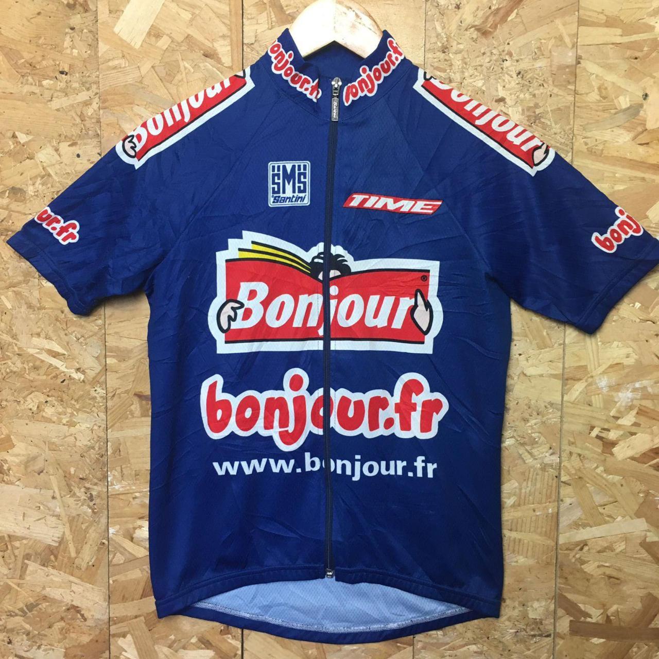 Vintage 90's French Bonjour Santini Cycle Jersey Blue Red Size UK S