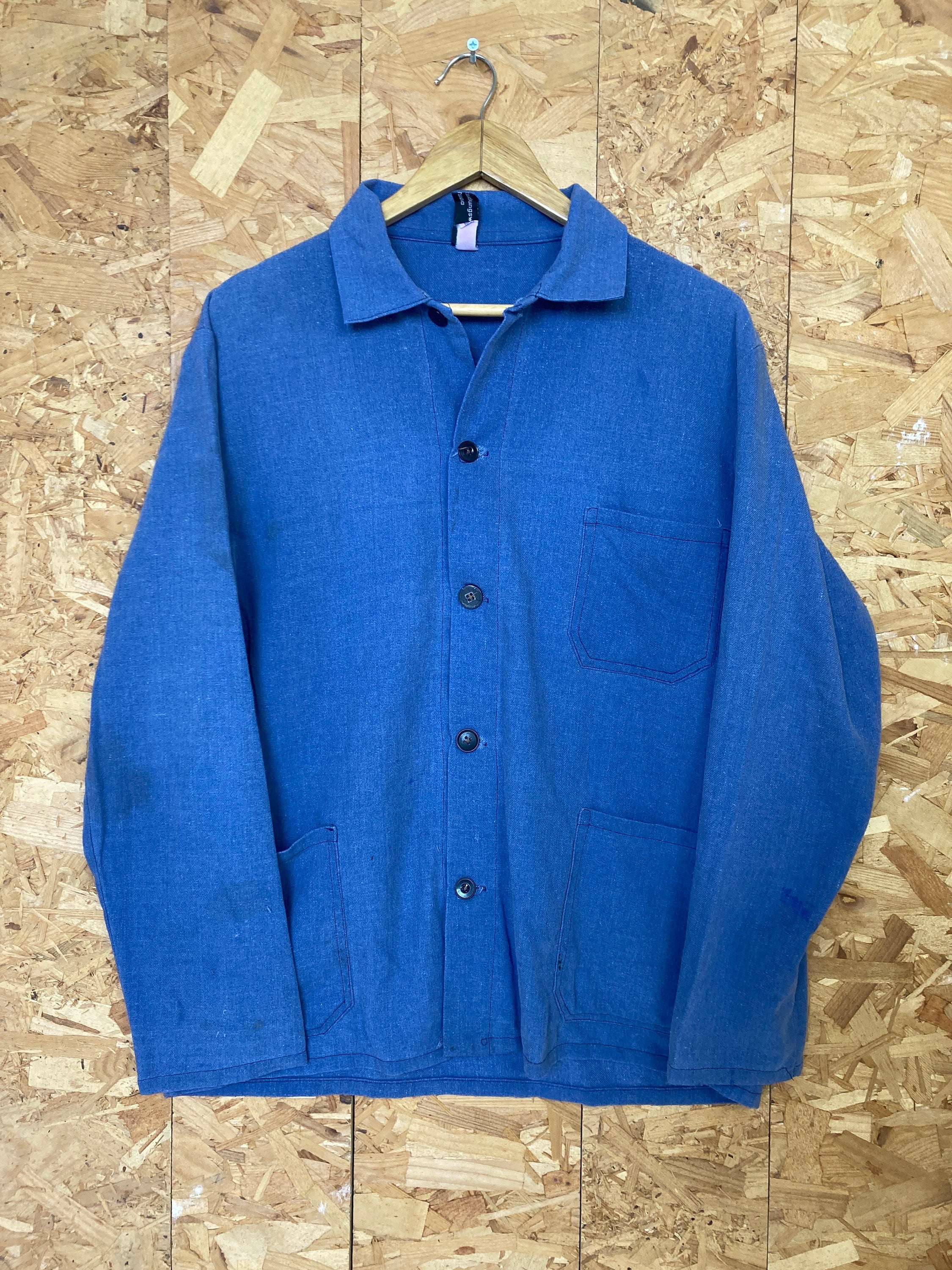 Vintage 80s faded cornflower blue brushed cotton button up chore workers jacket size medium