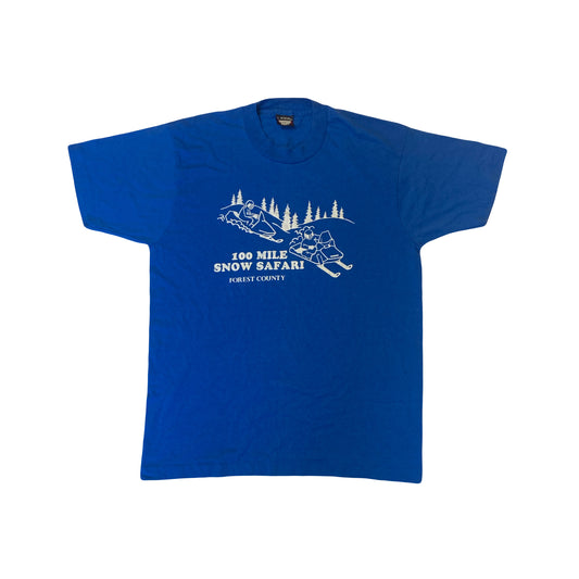 Vintage 90s blue 100 mile snow safari forest county souvenir t-shirt size large