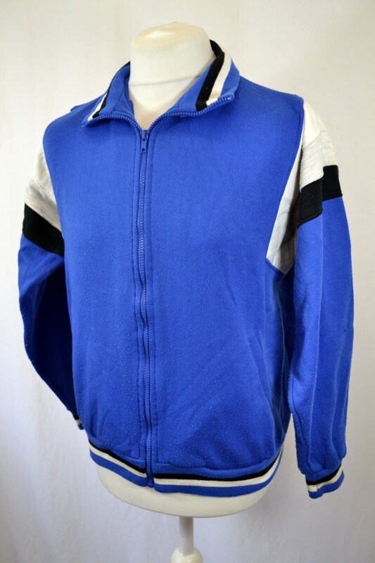 Vintage Blue & Grey Track Top 80s Old School Mod Look Retro Tracksuit Sweat Jacket Top size small