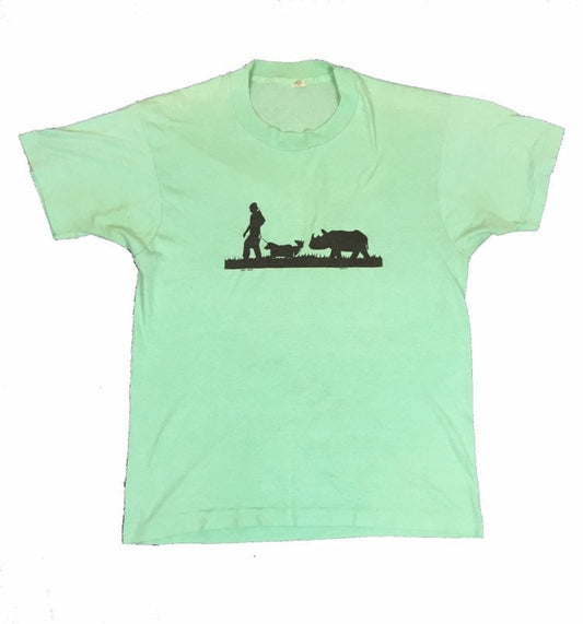 Vintage 80s Karl Merz Rhino protector RIP ‘88 pastel blue green t shirt size large