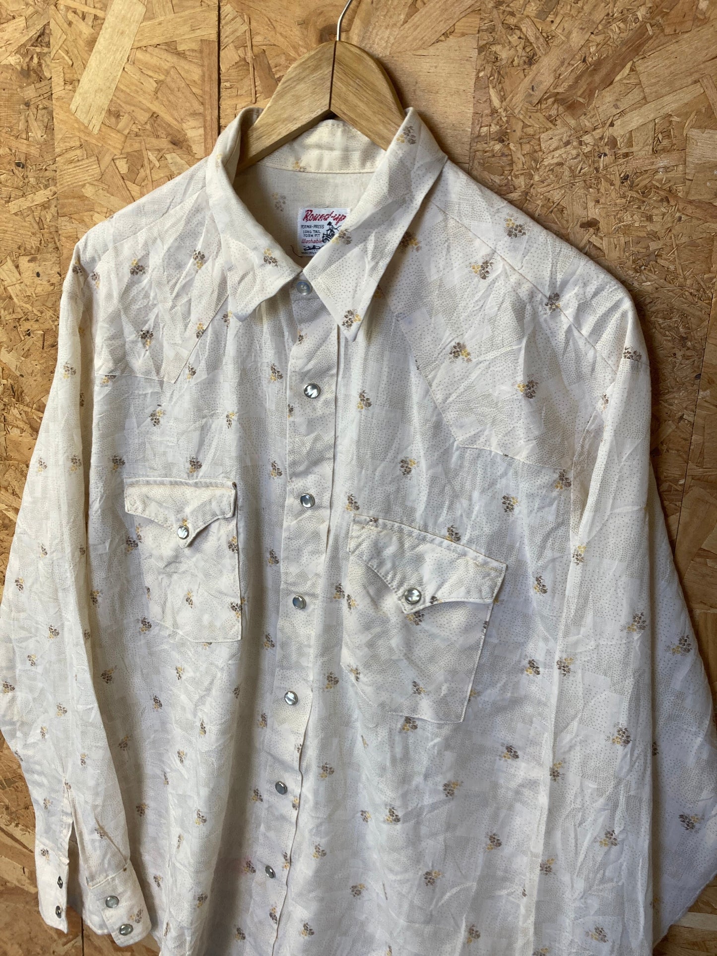 Vintage 80s beige muted pattern western cowboy pearl snap button shirt size large