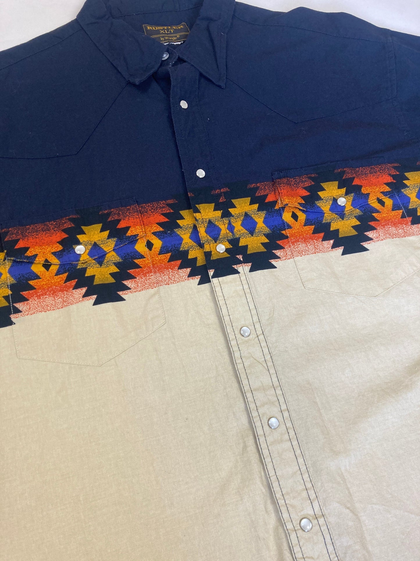 Vintage 00s Rustler by Wrangler Aztec Navajo diamond pattern navy blue beige orange short sleeve cotton shirt size XL