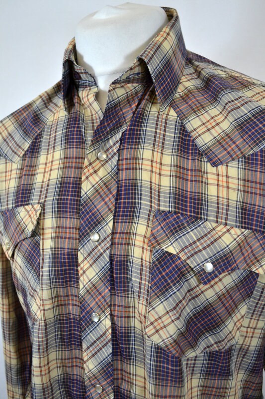 Vintage 80s beige blue red fine check western slim fit twin pocket cowboy shirt size XL