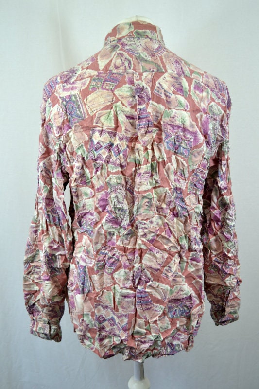 Vintage 90s Pastel pink green abstract Watercolour Print long sleeve rayon party eccentric shirt size XL