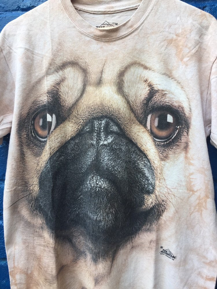 Vintage grungy beige pink nature animal scene pug face dog tie dye t-shirt by The Mountain size medium