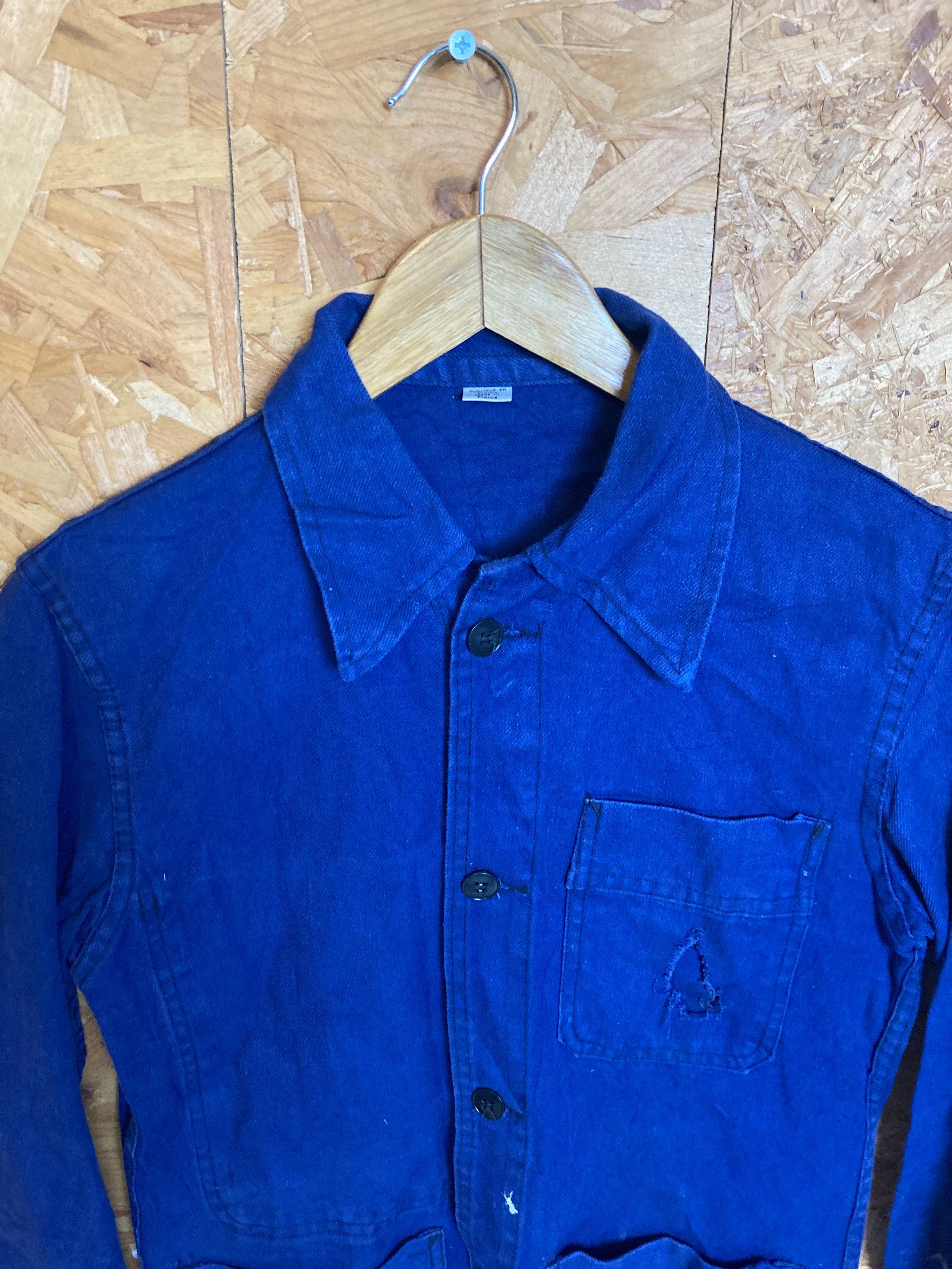 Vintage 80s french distressed navy indigo blue workers chore Sanforized cotton drill size small