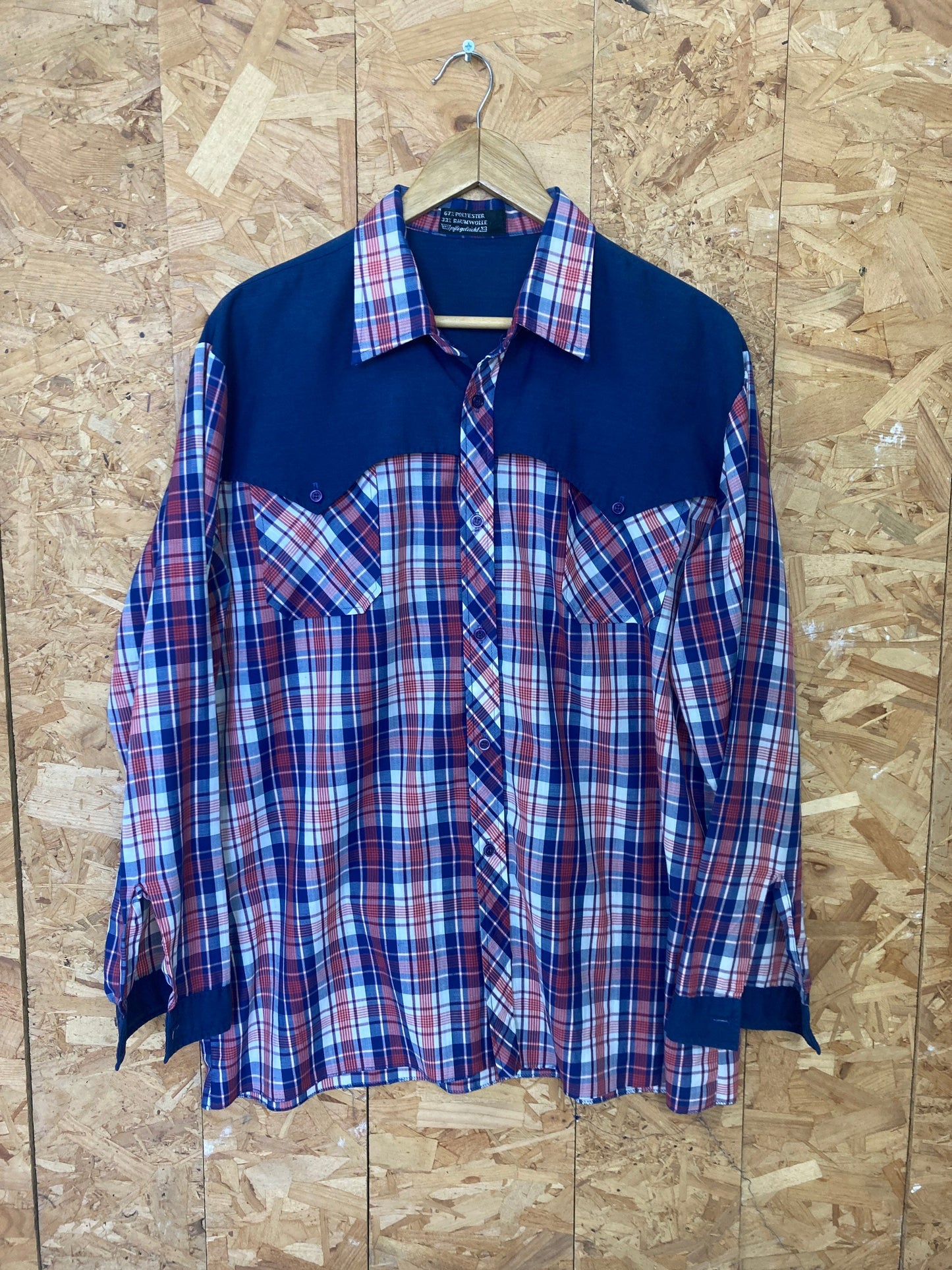 Vintage 80s red blue check pattern & navy yoke western county cowboy shirt size medium/large