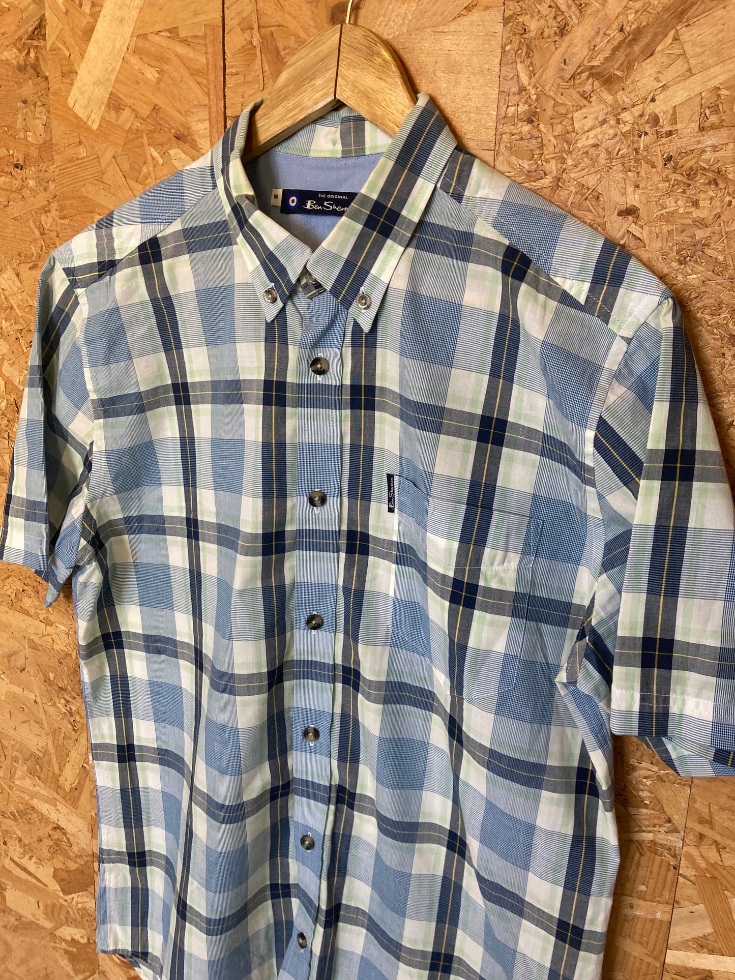 Vintage Ben Sherman light blue green tablecloth fine check short sleeve Mod skinhead retro punk shirt size small