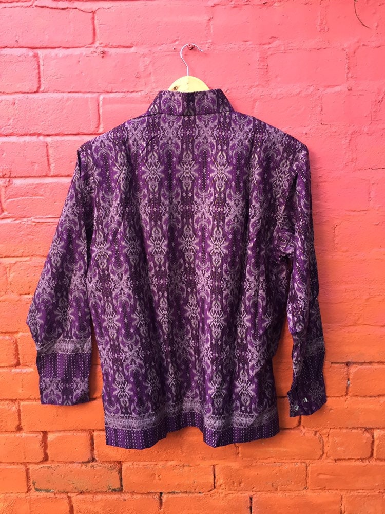 Vintage 80s tunic style silk Indonesian purple shirt with Aztec gold thread pattern size XL