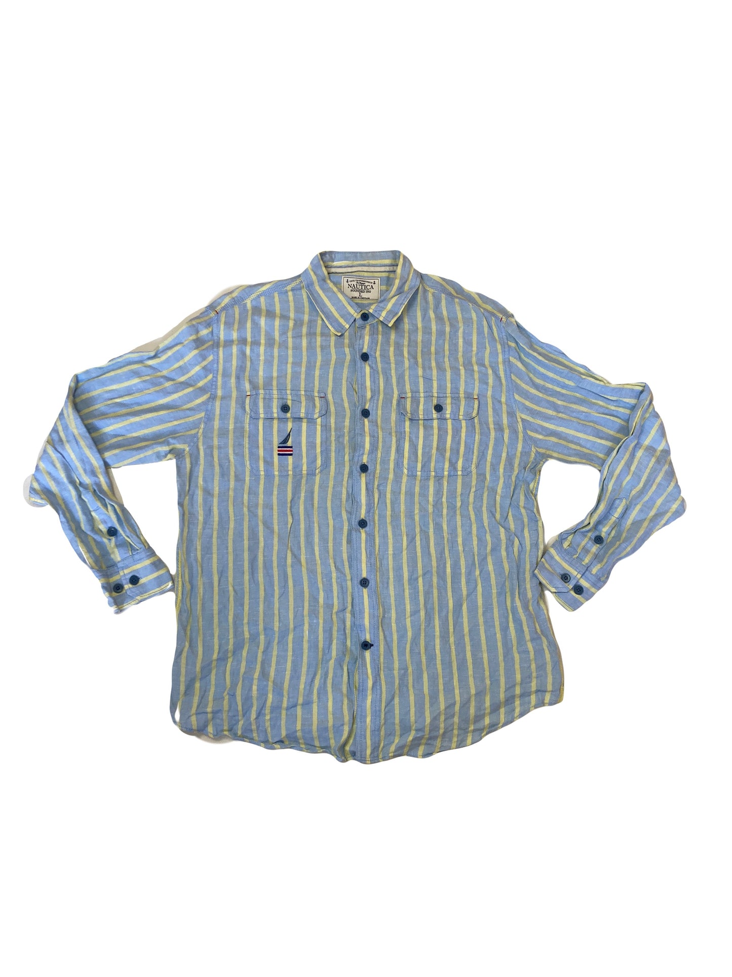 Vintage Y2K Nautica pastel blue yellow striped 100% linen preppy sailing long sleeve shirt size larg