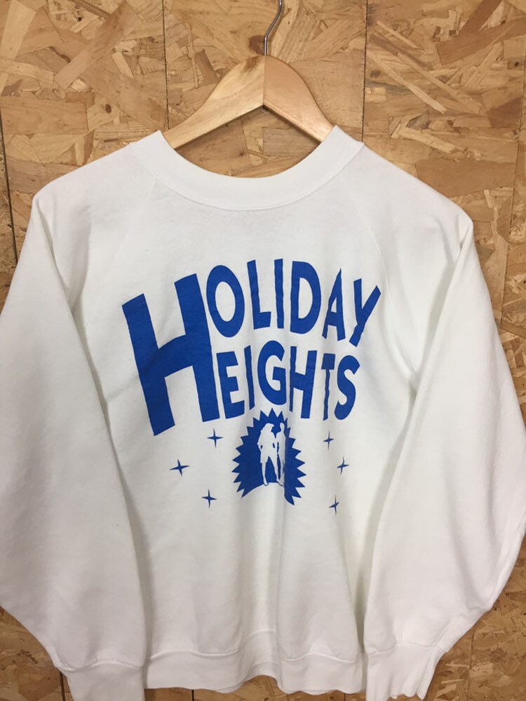 Vintage 80s USA quirky Holiday Heights white blue crew neck sweater size large