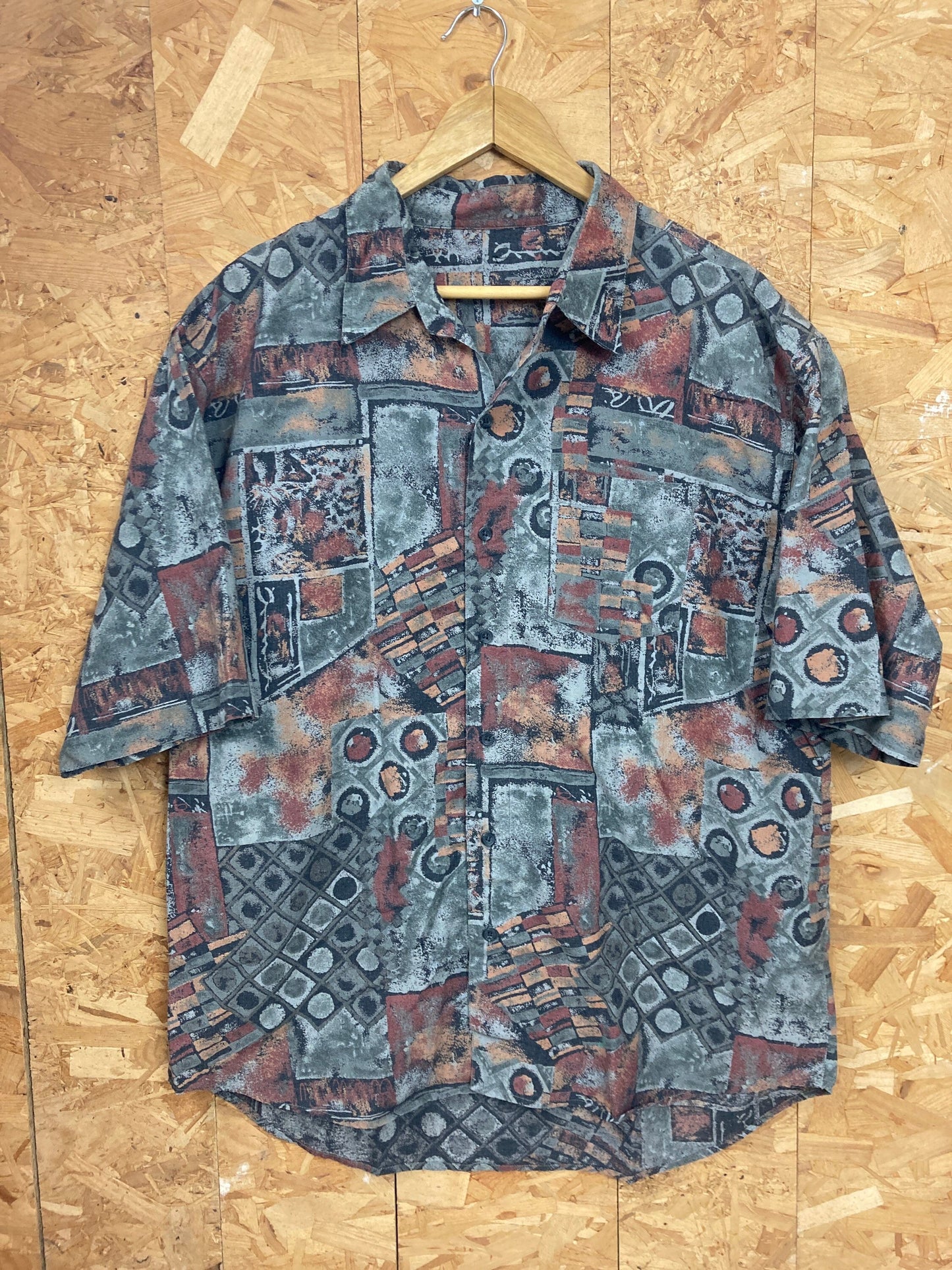 Vintage 90s brown grey grungy ugly pattern sketchbook print party summer mens short sleeve shirt siz