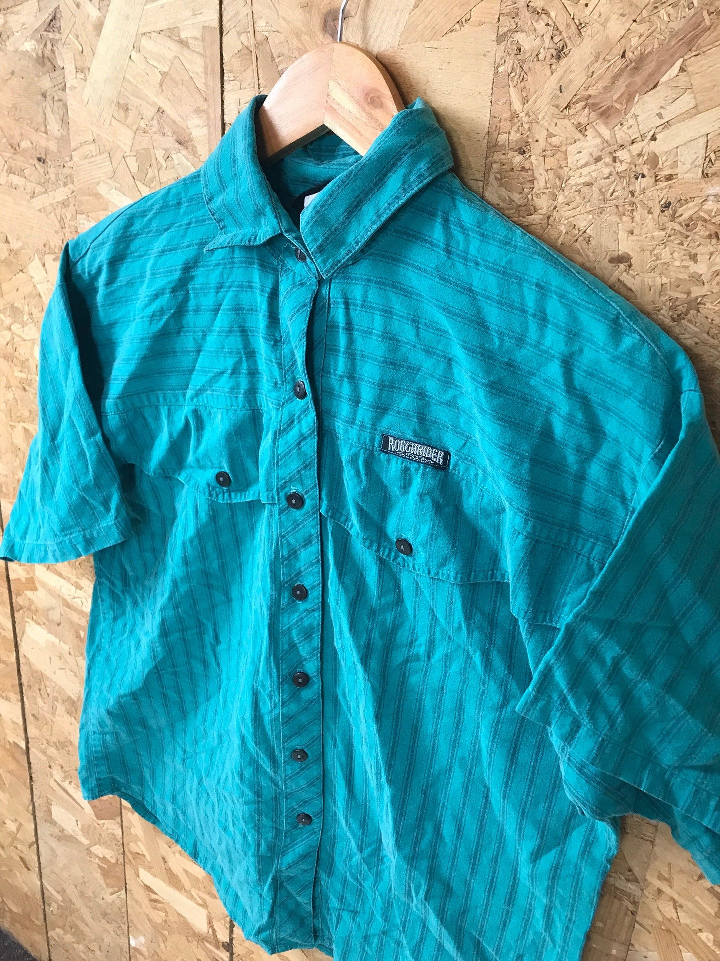 Vintage 90s turquoise green blue stripe twin pocket cowboy western short sleeve shirt by Roughrider