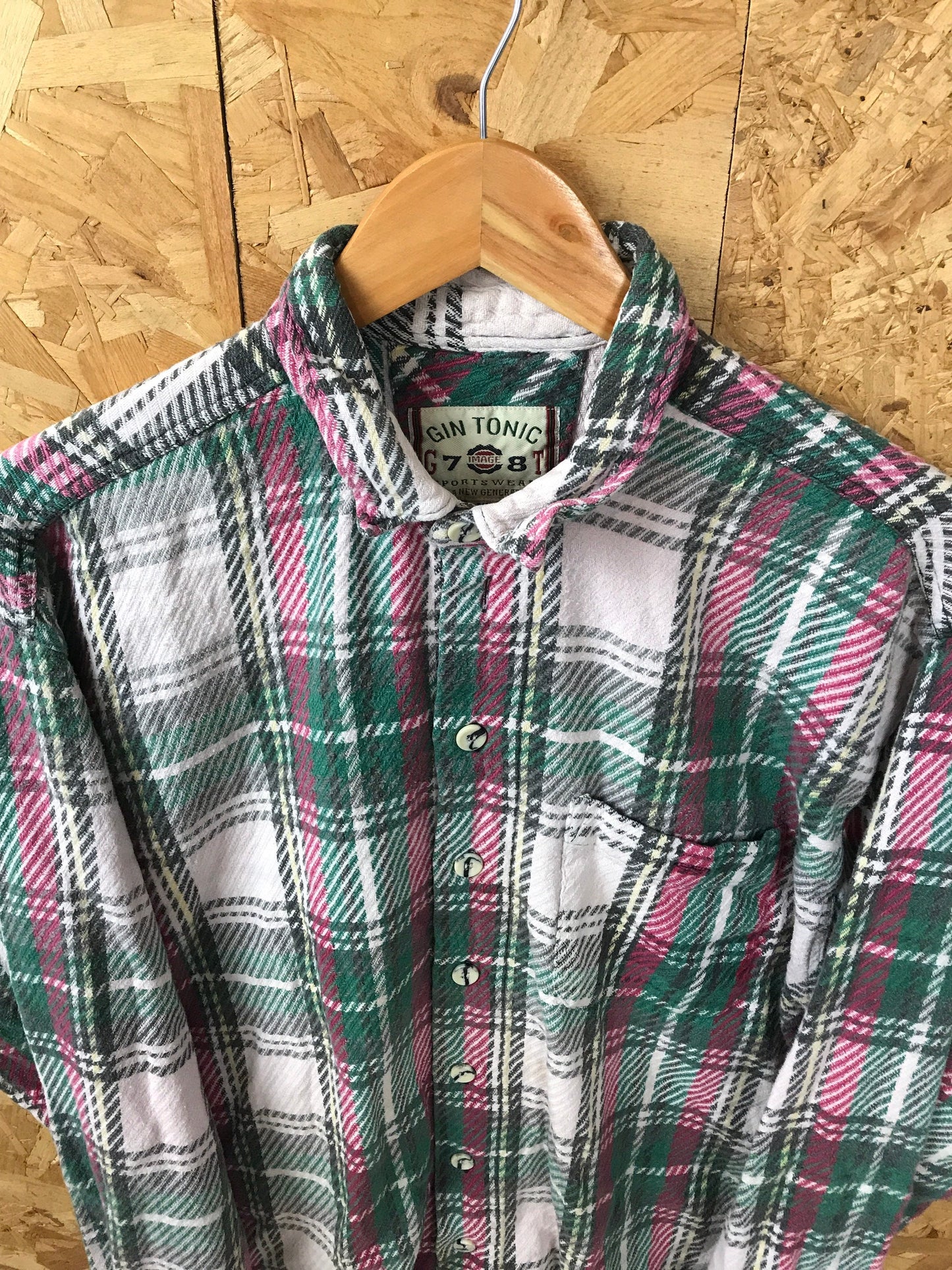 Vintage 80s Grey pink and green Chunky check oversized XL Shirt