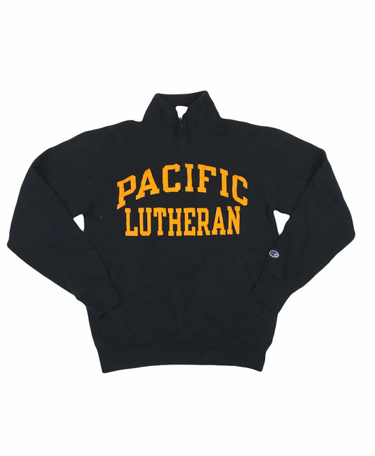 Vintage 90s Champion USA Pacific Lutheran black quarter zip yellow spell out embroidered sweater size small