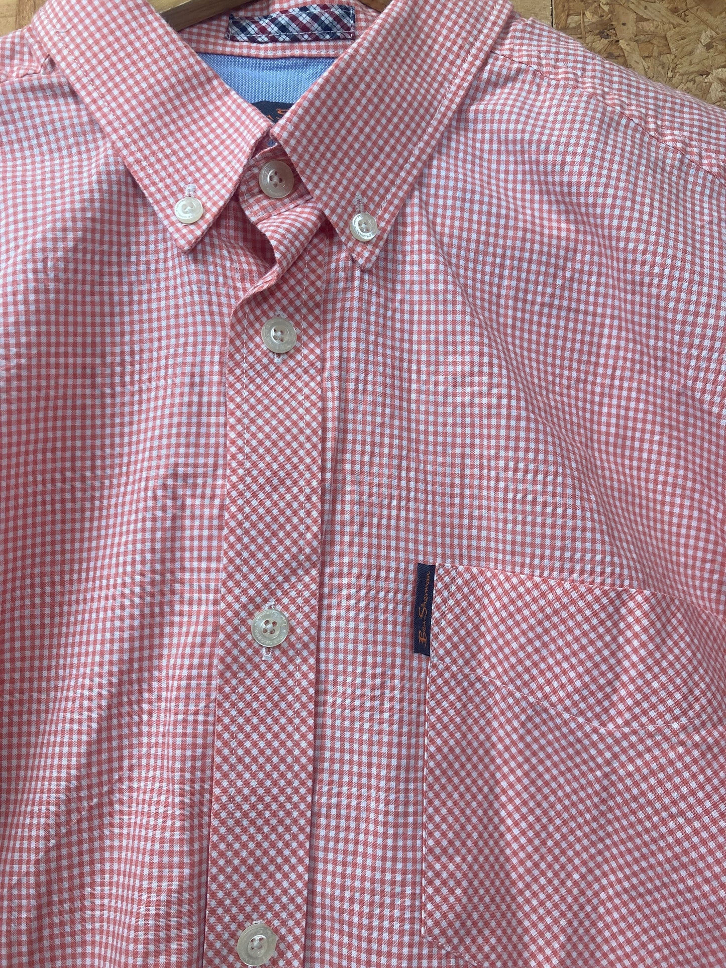 Vintage Ben Sherman light red pink white tablecloth fine check short sleeve Mod skinhead retro punk size medium