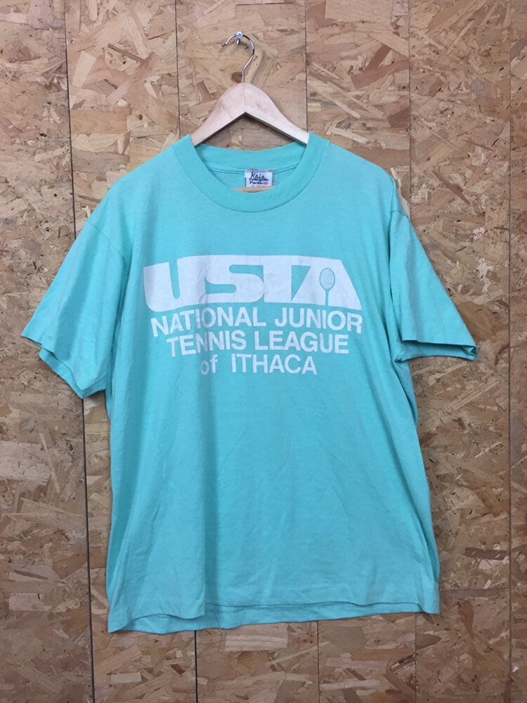 Vintage 80s USA Ithaca New York  High School tennis league pastel green t-shirt size XL