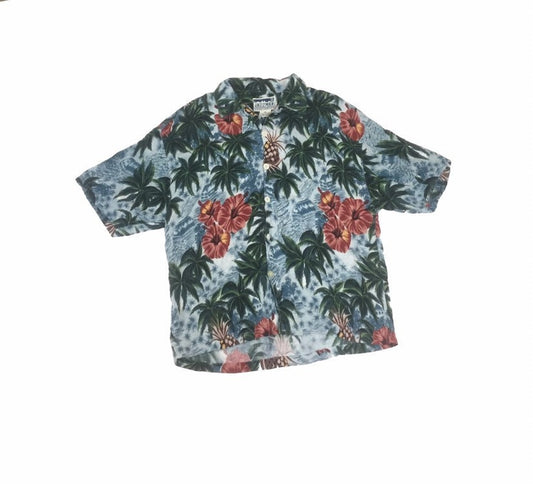 Vintage 90s mens light blue green hibiscus palm trees pineapple fruit print Hawaiian eccentric statement quirky party festival shirt size XL