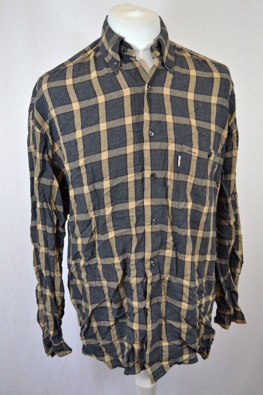 Vintage 90s heavyweight grey beige plaid check pattern oversized medium shirt