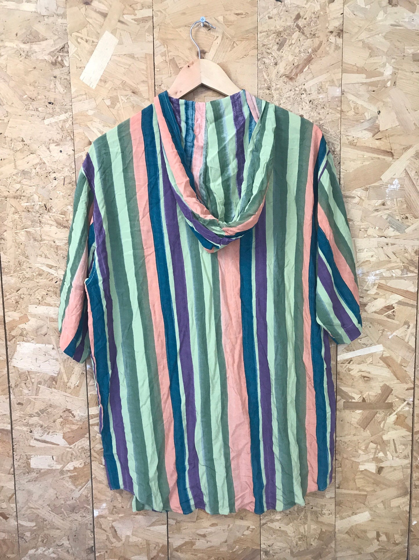 Vintage 90s United Colours of Benetton green orange purple striped short sleeve hooded rayon shirt size large